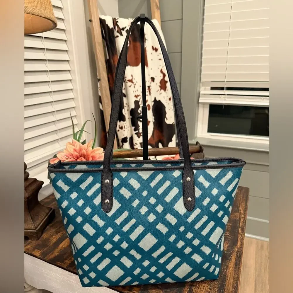 Coach City Teal Plaid Women's Tote